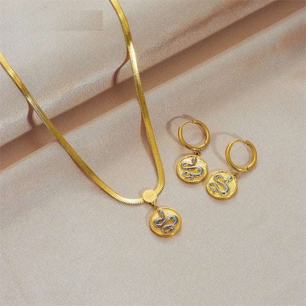316L Stainless Steel Round Snake Pendant Necklace Earrings For Women