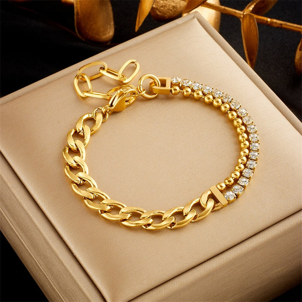 316L Stainless Steel White Zircon Thick Link Chain Asymmetrical Bracelet For Women