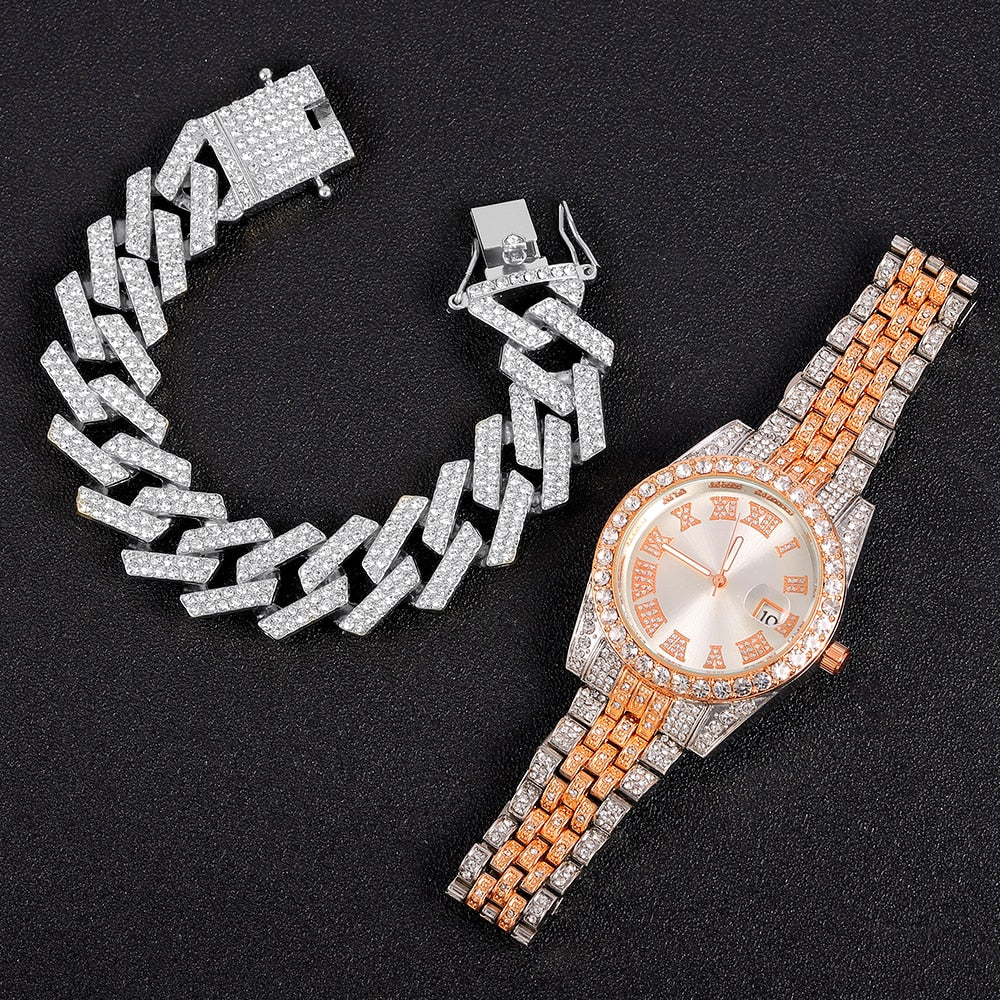 Iced Out Rose Gold Silver Color Watch Women