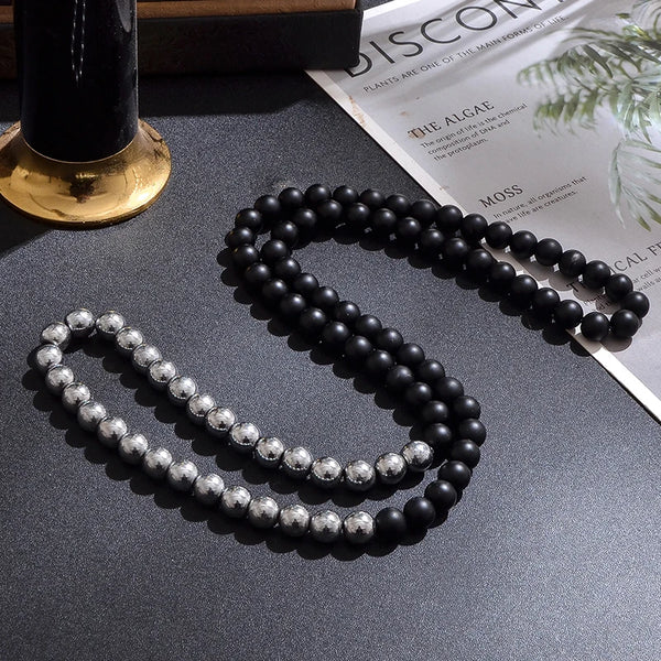 Collar largo de ónix negro mate de 8 mm con cuentas de hematita para hombre y mujer.