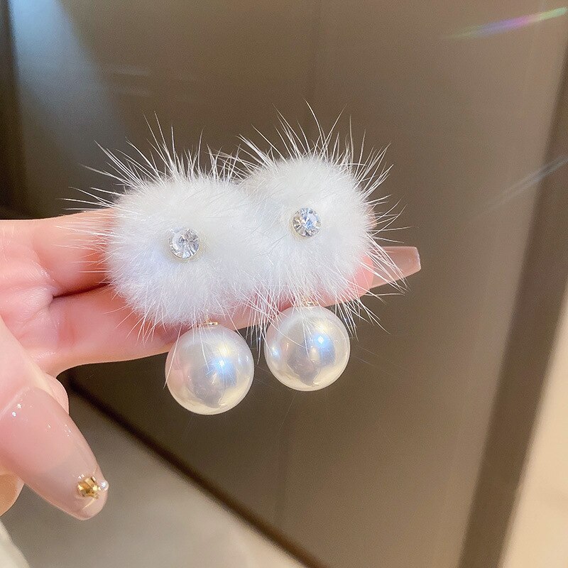 Korean Cute Sweet White Fur Pompon Ball Drop Earrings For Women