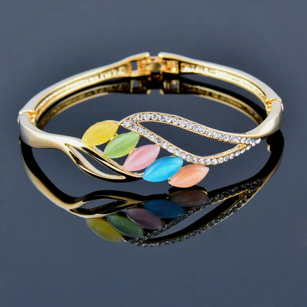 Charm Opal Stone Leaf Bracelets Gold Silver Color Crystal Bangle Cuff For Women