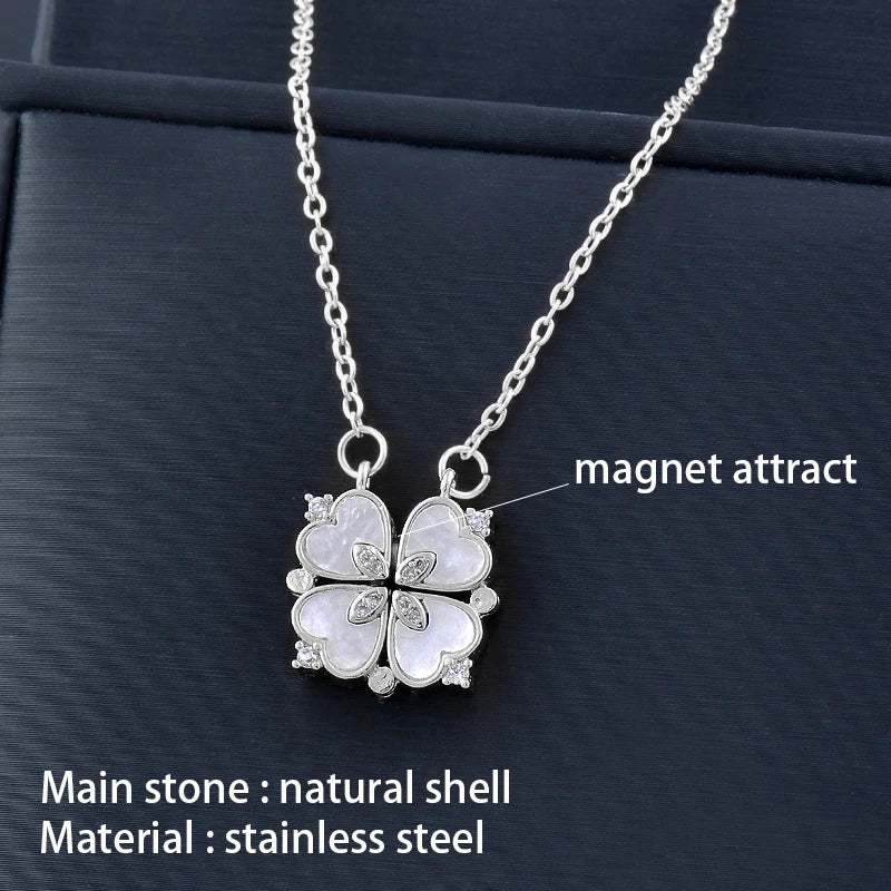 Unusual together 4 crystal heart flower pendant stainless steel necklace