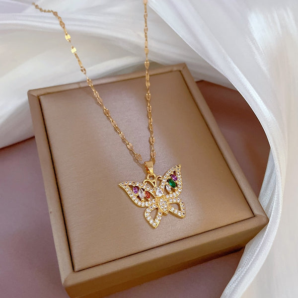 316L Stainless Steel Colorful Zircon Butterfly Pendant Necklace For Women