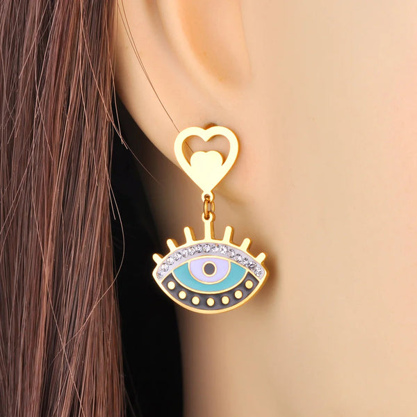 Pendientes de aro de acero inoxidable con forma de corazón y ojos azules para mujer