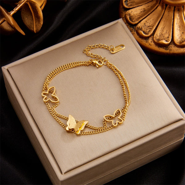 316L Stainless Steel 2 Layer Butterfly Charm Bracelet For Women