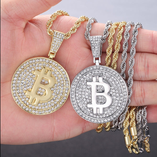 Colgante de Bitcoin grande con circonita cúbica, redondo, micropavé, color dorado