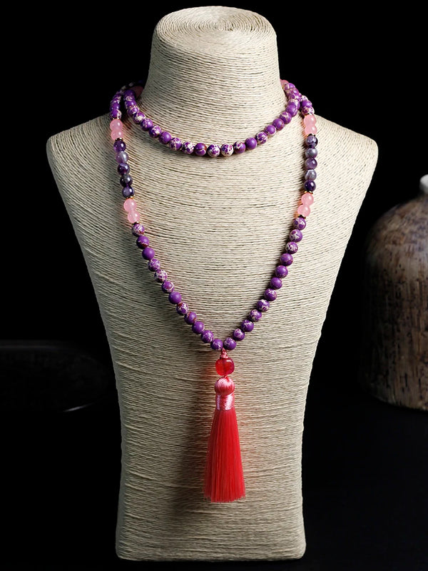 Collar de japamala con borlas de cuentas 108Mala, jaspe imperial y amatista de 8 mm.