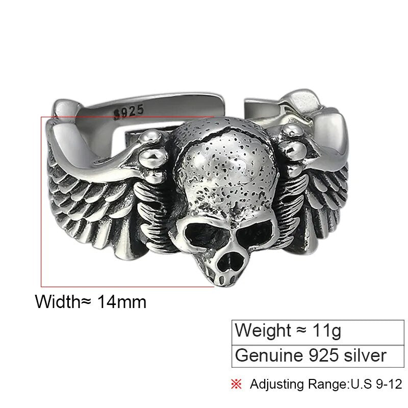 Men's Sterling Silver 925 Ring Retro Exaggerated Devil Wings Punk Skull Man Holiday Gift Ring