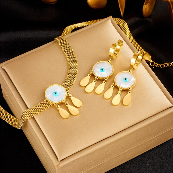 316L Stainless Steel Round Eye Teardrop Pendant Necklace Earrings For Women