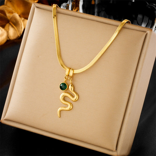 316L Stainless Steel Green Crystal Snake Pendant Necklace For Women