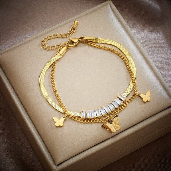 316L Stainless Steel 2-Layer Zircon Butterfly Charm Bracelet For Women