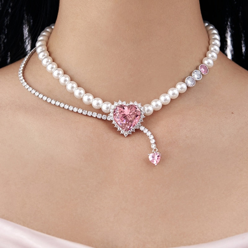 Korean Luxury Pink Heart Crystal Pendant Necklace For Women