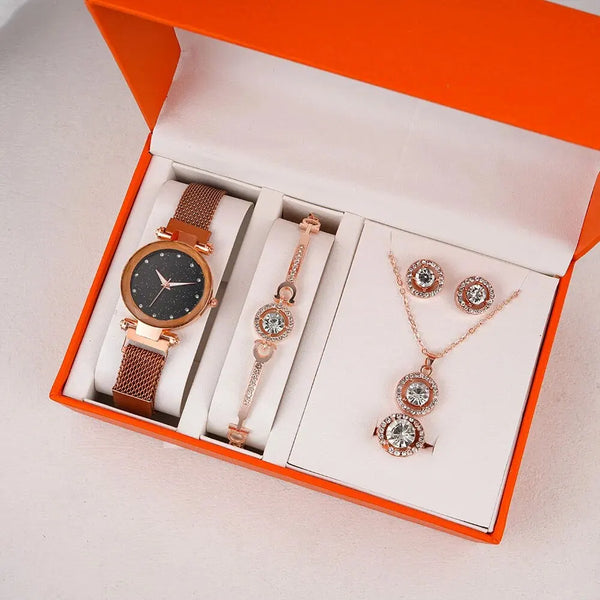 6Pcs Ladies Jewelry Set Rose Gold Light Luxury Watch Zircon Earring Necklace Bracelet Set