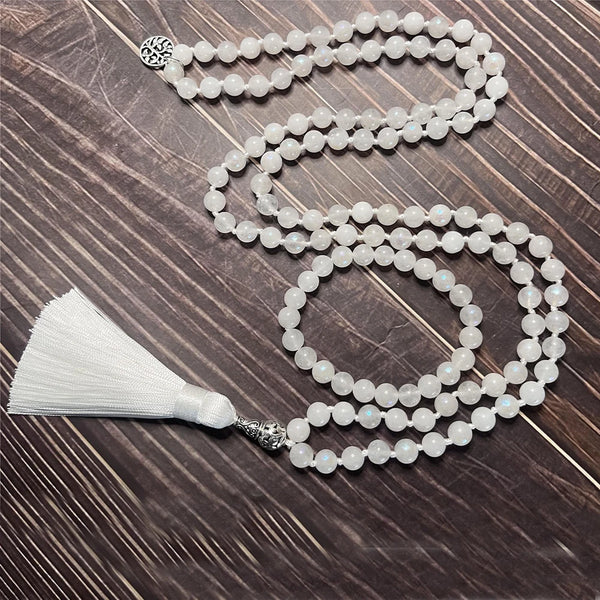 Conjunto de collar y pulsera Mala 108 con nudo de cuentas de piedra lunar de 8 mm