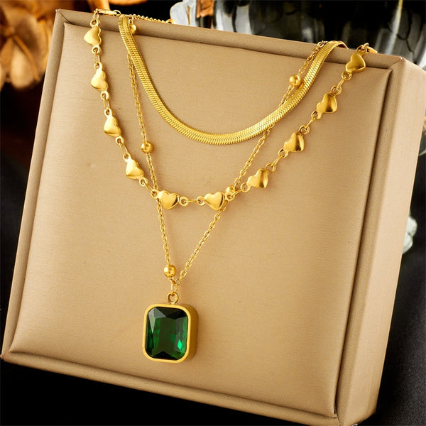 316L Stainless Steel Square Green Crystal Pendant Necklace For Women