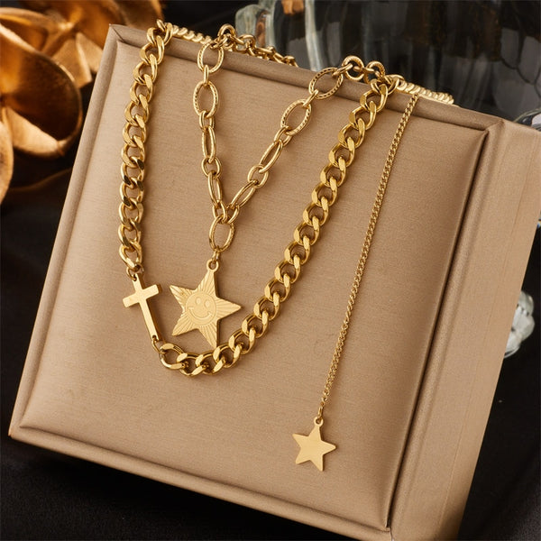 316L Stainless Steel Gold Color 2-Layer Star Cross Charm Necklace For Women