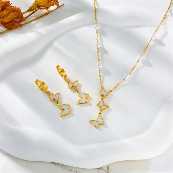 316L Stainless Steel Butterfly Pearls Pendant Necklace Earrings For Women