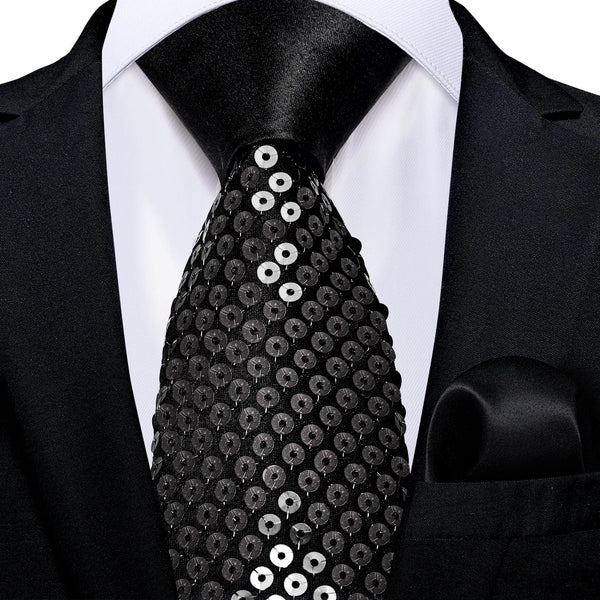 Elegant Black Red Blue Sequins Tie with Pocket Square Mens Women