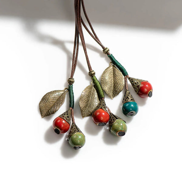 Bohemian Vintage Handmade Leaf Necklace Ceramic Beads Pendant