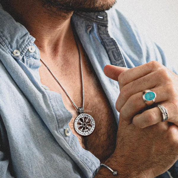 Nordic Rune Necklace, Men Necklace, Viking Compass Pendant