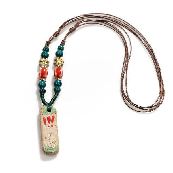 Handmade Vintage Ceramic Necklace Retro craft pottery Ethnic Style Chinese Pendant