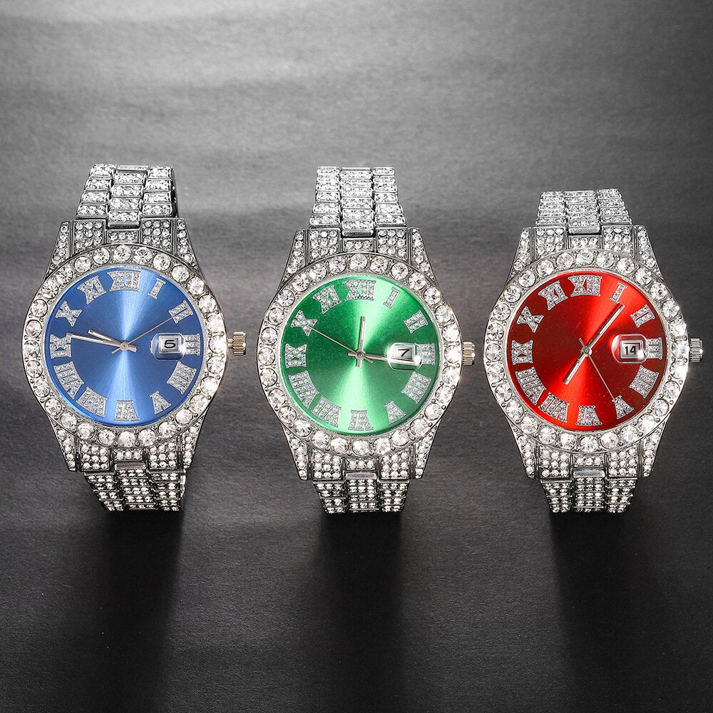 Luxury Bling Large Diamond Sliver Color Watch With Iced Out Cuban Chain 3PCS KIT