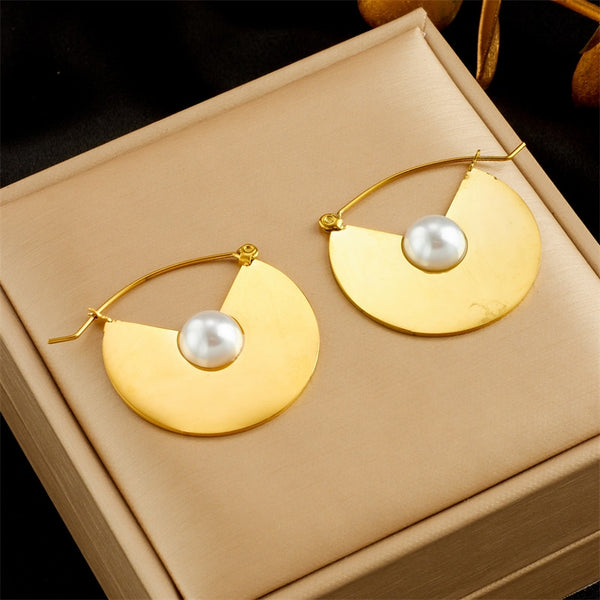 316L Stainless Steel Geometric Pearl Hoop Earrings For Women