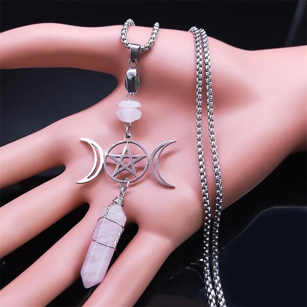 Collar de brujería con triple luna y diosa, de acero inoxidable y cristal rosa, con colgante wiccano.