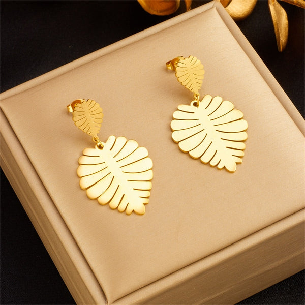 316L Stainless Steel Gold Color Tropical Leaves Drop Earrings For Women