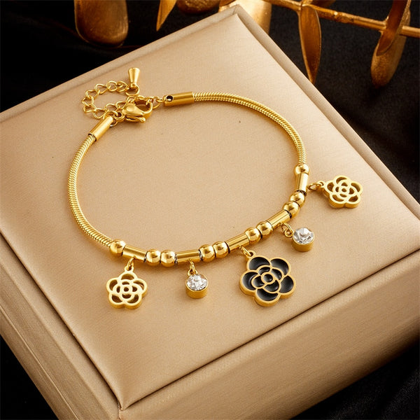 316L Stainless Steel Flower Zircon Charm Bracelet For Women