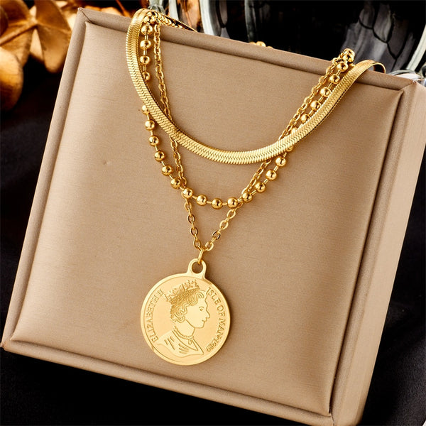 Collar con colgante de moneda con retrato redondo de acero inoxidable 316L para mujer