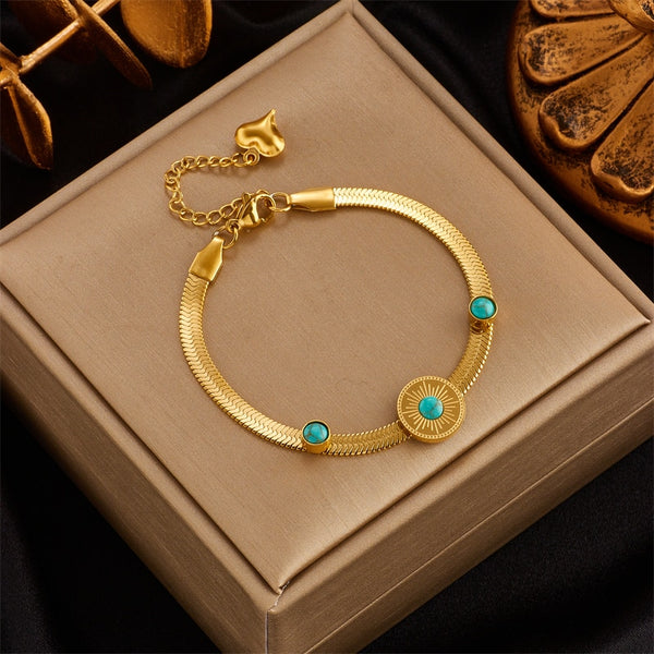 Pulsera de cadena de acero inoxidable 316L con piedra verde redonda para mujer