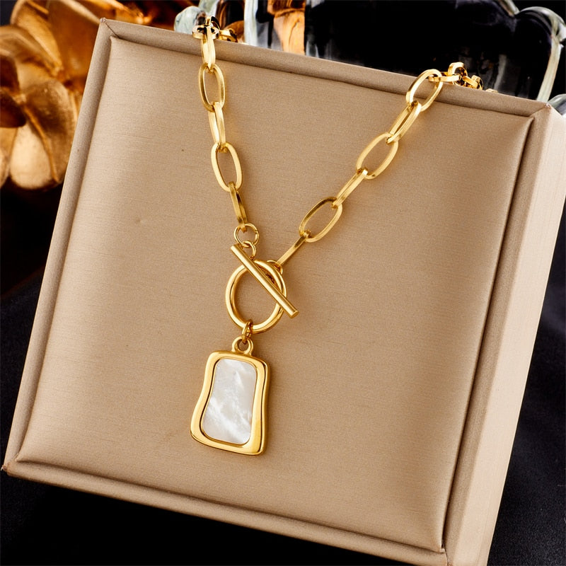 316L Stainless Steel Geometric Trapezoidal Pearl Oyster Pendant Necklace For Women