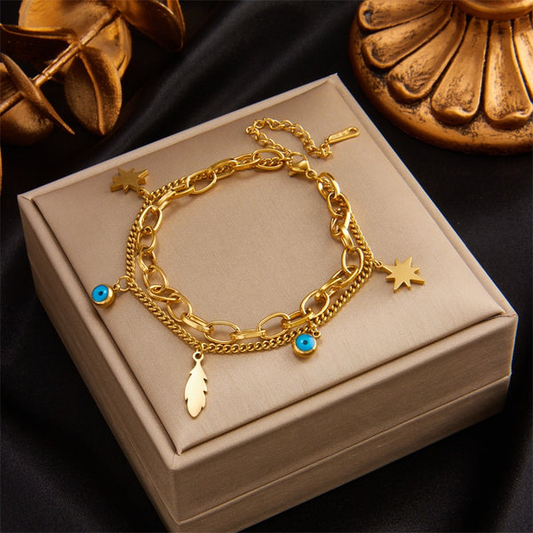 316L Stainless Steel 2-Layer Blue Eye Feather Star Bracelet For Women