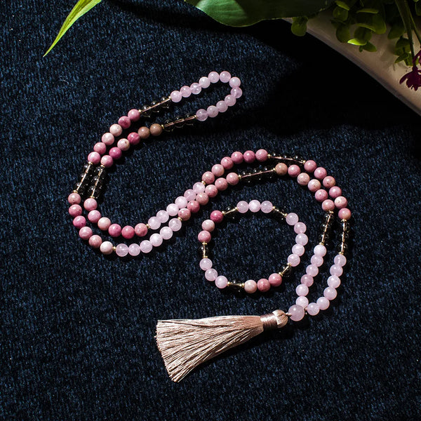 Collar Mala 108 con cuentas de cuarzo rosa rododenita de 8 mm para meditación