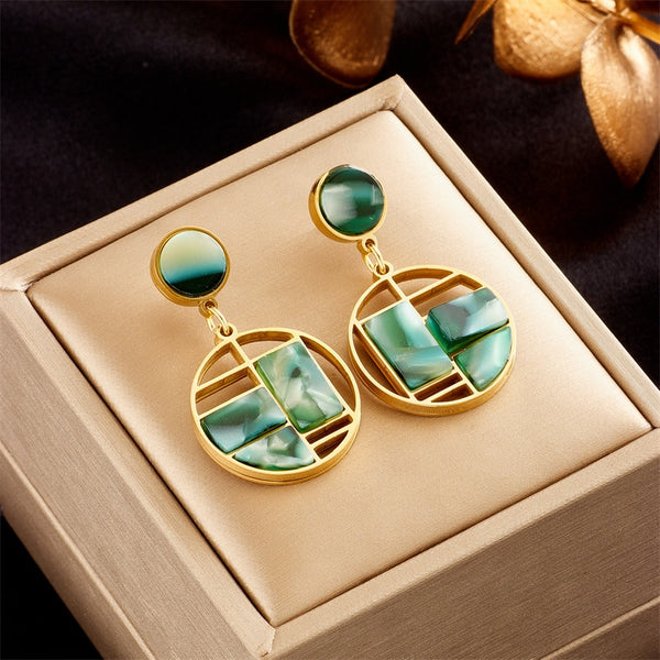Pendientes geométricos de acero inoxidable 316L con piedra verde para mujer