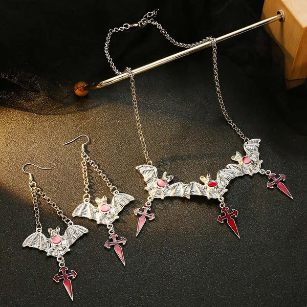 Halloween Gothic Vampire Bat Necklace Earring Set