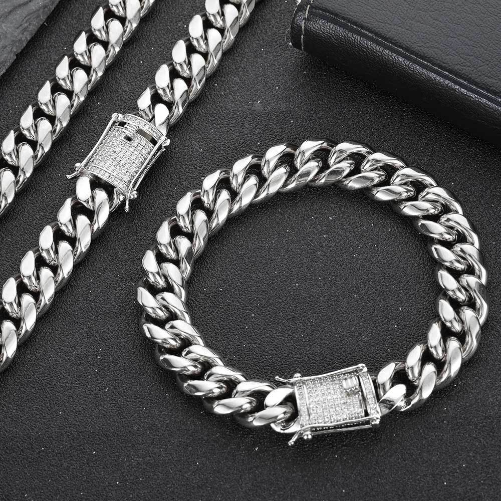12mm Miami Cuban Bracelet CZ Buckle Stainless Steel Cuban Link for men women