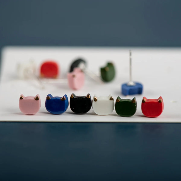 Colorful Abstract Kitten Fine Ceramic Stud Earrings
