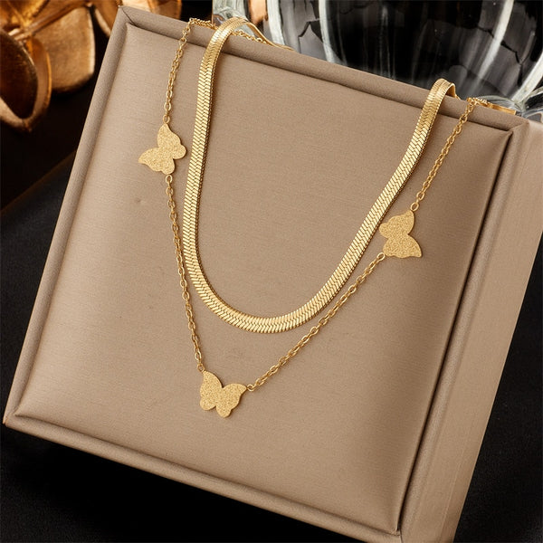 Collar de mariposa de doble capa de acero inoxidable 316L para mujer