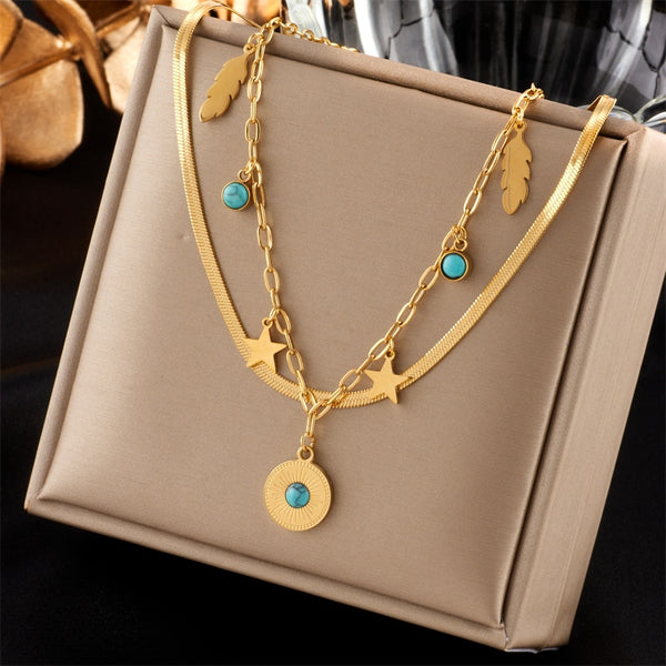 316L Stainless Steel Green Pendant Leaf Star Double Chain Necklace For Women