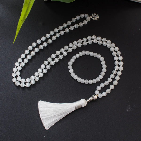Collar Mala 108 anudado con cuentas de ciclófanes de piedra ojo de gato Chatoyant de 8 mm