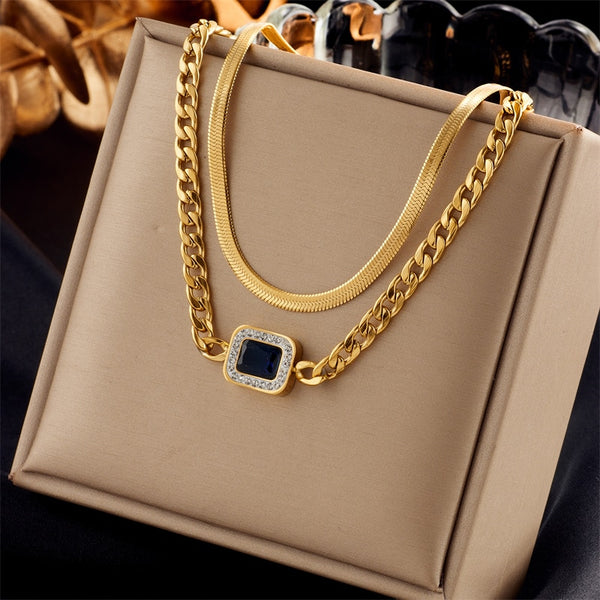 316L Stainless Steel Square Blue Zircon Pendant Necklace For Women