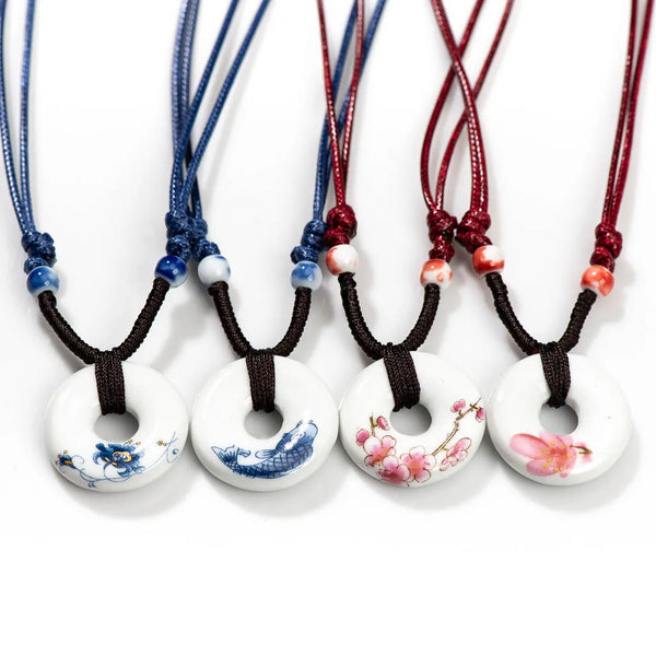 Adjustable Ethnic Necklace with Ceramic Decal Pendant