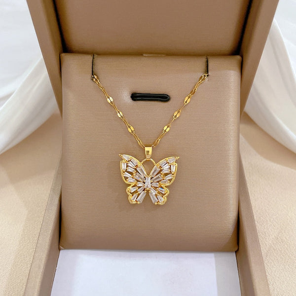 316L Stainless Steel Butterfly Cubic Zircon Pendant Necklace For Women