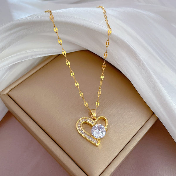 316L Stainless Steel Asymmetrical Heart Zircon Pendant Necklace For Women