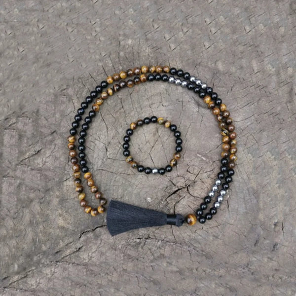 Collar de hematita con 108 cuentas de ojo de tigre, ónix negro, 8 mm, para meditación, yoga, oración, japamala