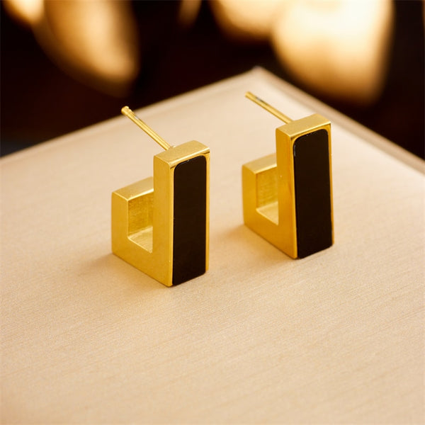 Pendientes geométricos de acero inoxidable 316L con forma de U y piedra blanca y negra para mujer