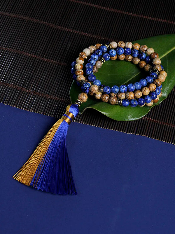 Rosario Mala, collar de piedras de 8 mm, cuentas de lapislázuli azul e imagen